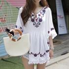 3/4-sleve Smocked-waist Embroidered Top