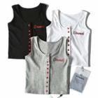 Lettering Embroidered Button-up Tank Top