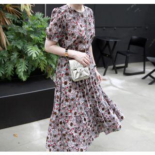Short-sleeve Gathered-waist Pattern Long Dress