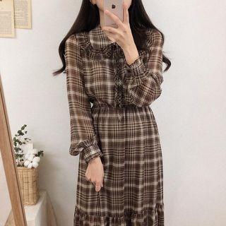 Peter Pan Collar Plaid A-line Midi Dress