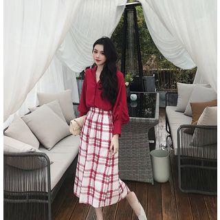 Placket Shirt / A-line Midi Plaid Skirt