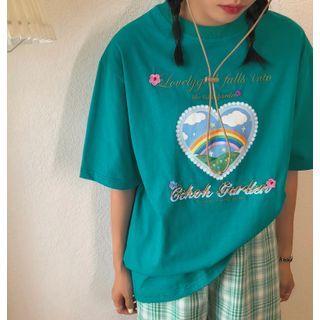 Short-sleeve Rainbow Heart Print T-shirt