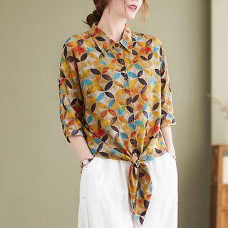 3/4-sleeve Print Linen Shirt