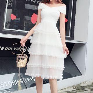 Off-shoulder Mesh-panel A-line Dress