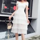 Off-shoulder Mesh-panel A-line Dress