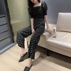 Square-neck Ruched Chiffon Blouse / Dotted Wide-leg Pants