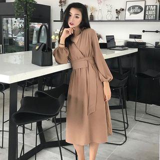 Lantern-sleeve Midi A-line Dress With Belt
