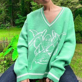 Oversized V Neck Prints Sweater