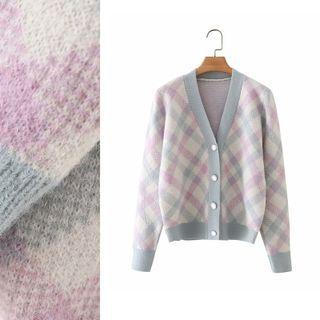 Gingham Knit Cardigan Plaid - Light Purple - One Size