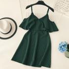 Short-sleeve Cold-shoulder Pinstriped A-line Dress
