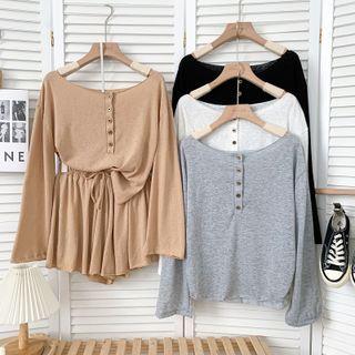 Set: Wide-neck Henley + Wide-leg Shorts