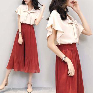 Set: Tie-neck Short-sleeve Blouse + Wide Leg Cropped Pants
