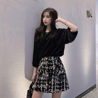 Plain Crewneck 3/4-sleeve Top / Color-block Tweed High-waist Skirt
