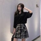 Plain Crewneck 3/4-sleeve Top / Color-block Tweed High-waist Skirt