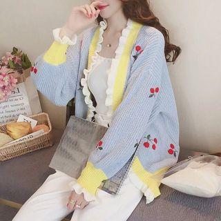 Cherry Embroidered Open Front Cardigan