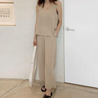 Set: Spaghetti-strap Camisole Top + Straight-cut Pants