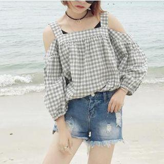 Plaid Cold Shoulder Blouse
