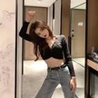Long-sleeve V-neck Knotted Crop Top