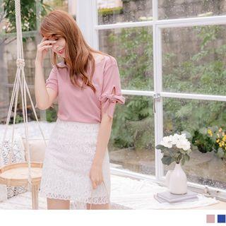 Bow-cuff Short-sleeve Plain Top