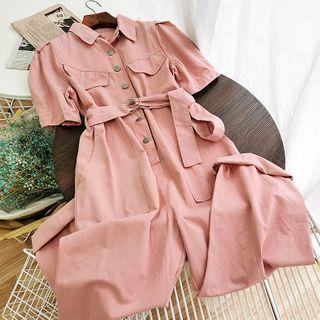 Short-sleeve Buttoned Wide-leg Jumpsuit