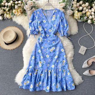 V-neck Puff-sleeve Print Mermaid Dress