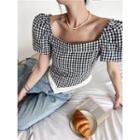 Puff-sleeve Square-neck Check Cropped Top