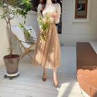 Set: Faux-pearl Knit Top + Mesh Long Skirt Beige - One Size