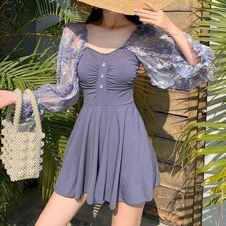 Puff-sleeve Lace Panel Swim Dress