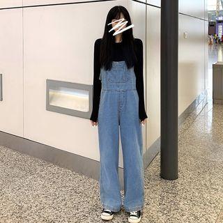 Plain Long-sleeve Top / Loose-fit Denim Jumper Pants