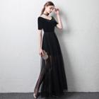 Short-sleeve Sheer Overlay A-line Evening Gown