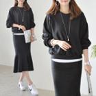 Set: Plain Sweatshirt + Band-waist Ruffle-hem Skirt