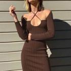 Halter-neck Long-sleeve Mini Bodycon Dress