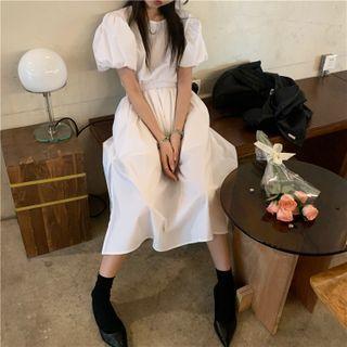 Set: Puff-sleeve Plain Cropped Top + Skirt