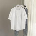 Round-neck Plain Floral Button-up Blouse White - One Size