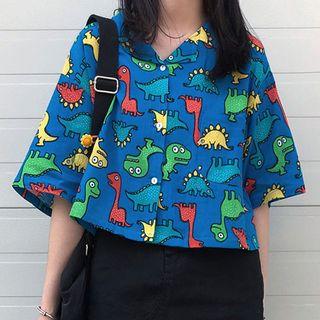 Elbow-sleeve Dinosaur Print Shirt Blue - One Size