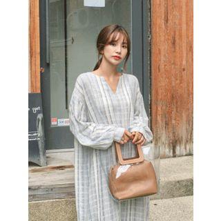 V-neck Plaid Long Dress With Sash