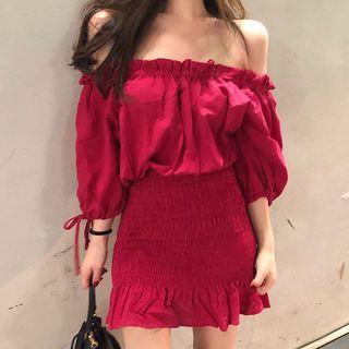 3/4-sleeve Off Shoulder Frill Trim Mini Dress