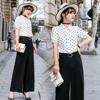Set: Short-sleeve Polka Dot Top + Wide-leg Dress Pants