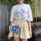 Lettering Short-sleeve T-shirt Beige - One Size