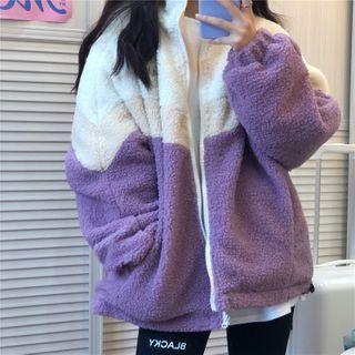 Paneled Faux Shearling Zip Jacket Purple - One Size