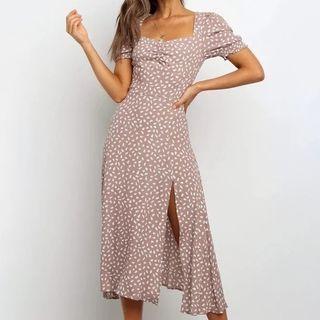 Short-sleeve Square-neck Floral Slit Midi A-line Dress