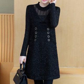 Long-sleeve Mesh Panel Mock Two-piece Dress