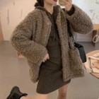Single-breasted Fluffy Jacket / Hooded Mini Sheath Sweater Dress