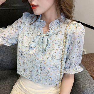 Short Sleeve Bow Neck Floral Print Frill Trim Blouse