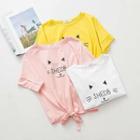 Short-sleeve Cat Print Tie-front T-shirt
