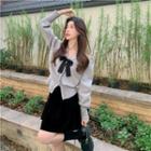 V-neck Bow Button-up Cardigan / High-waist Plain A-line Mini Skirt