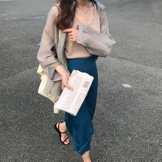 Long-sleeve Plain Chiffon Shirt / Plain Tank Top / Plain A-line Midi Skirt