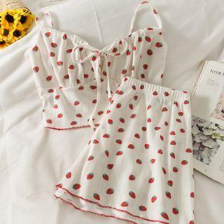 Set: Tie-neckline Strawberry-print Crop Top + Shorts White - One Size
