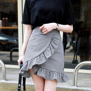 Wrap-front Frill-trim Gingham Mini Skirt