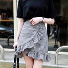 Wrap-front Frill-trim Gingham Mini Skirt